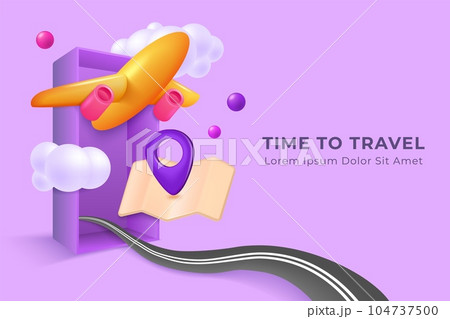 3D airline journey. Business page with airplane and luggage. Time to travel. Location map. Highway to vacation. Render plane and suitcase. Trip destination. Vector realistic concept 104737500