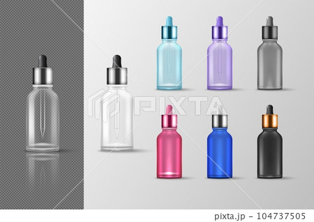 Serum bottle. Skin care dropper. Cosmetic perfume cup. Beauty product. Plastic or glass phials. Isolated packages set. Container with pipette. Silver or gold label. Vector packaging mockup Serum bottle. Skin care dropper. Cosmetic perfume cup. Beauty product. Plastic or glass phials. Isolated packages set. Container with pipette. Silver or gold label. Vector packaging mockup 104737505