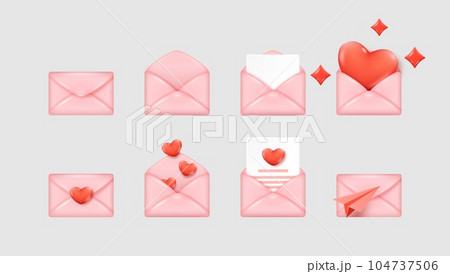 3d letter envelope set. Love render, romantic gift, new chat notification, open and closed email message with document, red heart and empty. Vector isolated cute pink elements 104737506