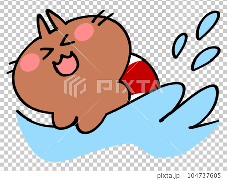 Tanned cat illustration material of a floating ring swimming in the sea 104737605