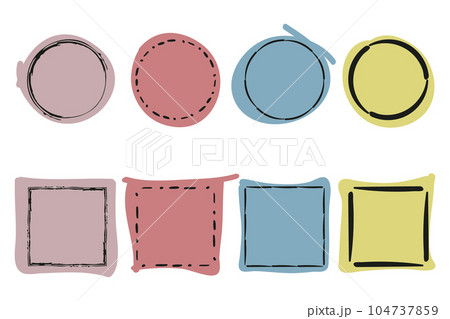 Frames, border Set. Hand drawn paint brush doodle line strokes and fills, colorful palette. Circle wreath, square geometric shapes. Empty frame, text space background 104737859