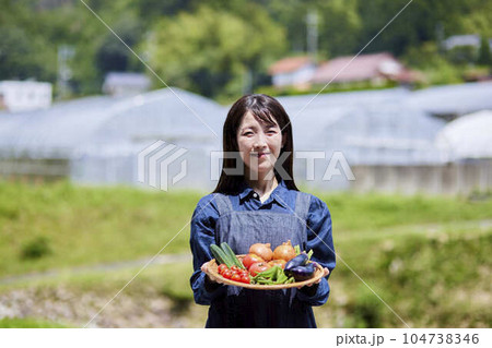 ビニールハウスの前で採れたての野菜をもつ農家の女性 ビニールハウスの前で採れたての野菜をもつ農家の女性 104738346