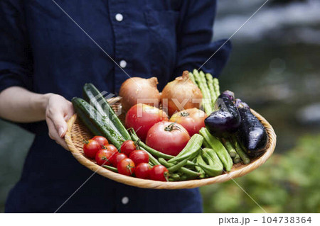川の前で採れたての野菜をもつ農家の日本人女性 104738364