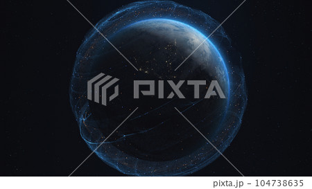 3D Render of Animated digital sphere over the Earth globe 3D Render of Animated digital sphere over the Earth globe 104738635