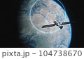 Illustration 3D abstract animation of satellite in orbit transmitting signal to Earth planet 104738670