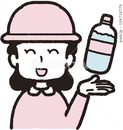 左手にペットボトルの水を掲げ、帽子をかぶって正面を向いている笑顔の女性の上半身イラスト 左手にペットボトルの水を掲げ、帽子をかぶって正面を向いている笑顔の女性の上半身イラスト 104738779
