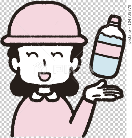 左手にペットボトルの水を掲げ、帽子をかぶって正面を向いている笑顔の女性の上半身イラスト 左手にペットボトルの水を掲げ、帽子をかぶって正面を向いている笑顔の女性の上半身イラスト 104738779