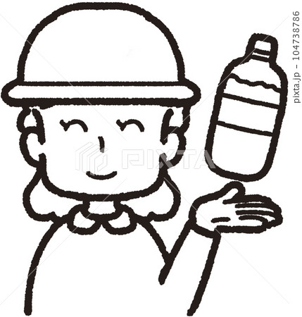 左手にペットボトルの水を掲げ、帽子をかぶって正面を向いて笑っている女性の上半身線画イラスト 左手にペットボトルの水を掲げ、帽子をかぶって正面を向いて笑っている女性の上半身線画イラスト 104738786