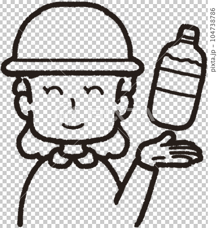 左手にペットボトルの水を掲げ、帽子をかぶって正面を向いて笑っている女性の上半身線画イラスト 左手にペットボトルの水を掲げ、帽子をかぶって正面を向いて笑っている女性の上半身線画イラスト 104738786