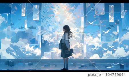 風景画 女性と海の絵 青い海の風景と女の子のイラストの 風景画 女性と海の絵 青い海の風景と女の子のイラストの