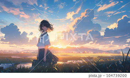 夕焼けの空を眺める女の子のイラスト素材 [104739200] - PIXTA