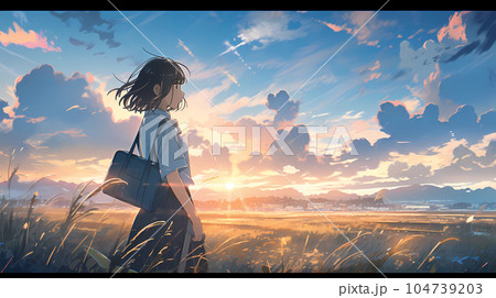 夕焼けの空を眺める女の子のイラスト素材 [104739203] - PIXTA