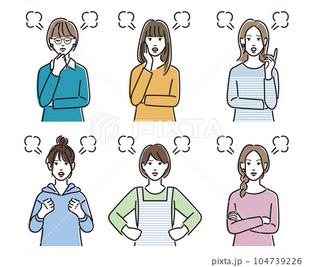 怒った表情をしたカジュアルな服装の女性のセット 104739226