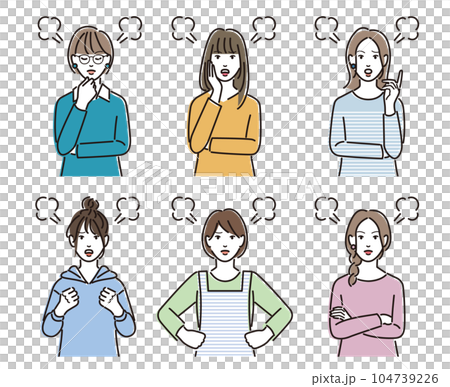 怒った表情をしたカジュアルな服装の女性のセット 104739226