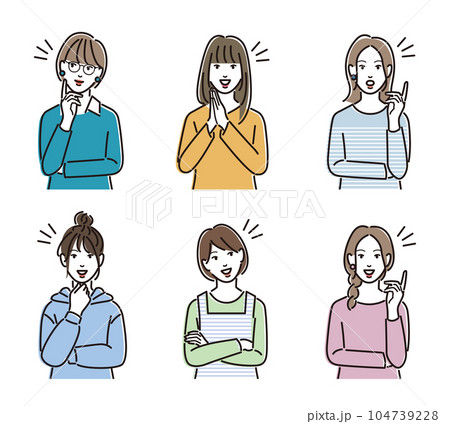 なにかいいことを思いついた表情の女性のセット なにかいいことを思いついた表情の女性のセット 104739228
