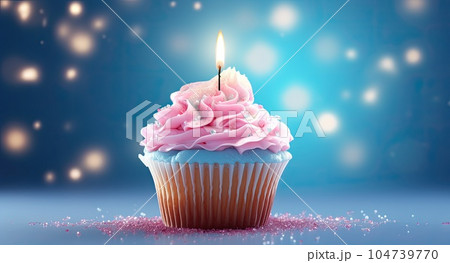 Birthday cupcake with burning candle on blue bokeh background Birthday cupcake with burning candle on blue bokeh background 104739770