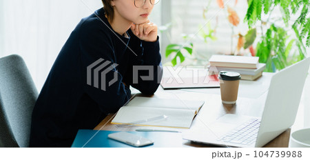 自宅で勉強する若い女性 自宅で勉強する若い女性 104739988