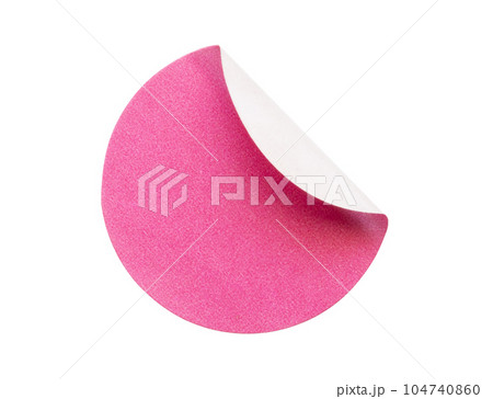Blank pink round adhesive paper sticker label isolated on white background 104740860