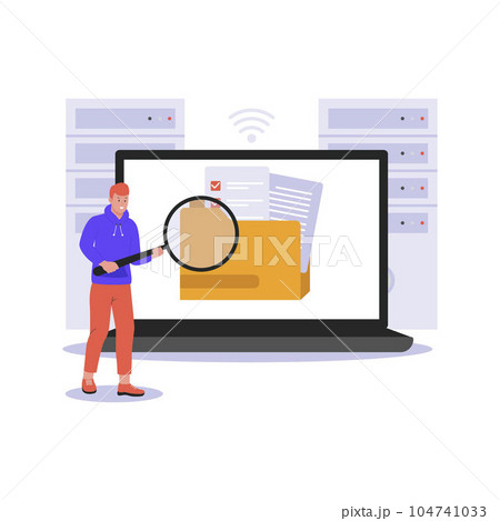 File search illustration concept. Illustration for website, landing page, mobile app, poster and banner. Trendy flat vector illustration File search illustration concept. Illustration for website, landing page, mobile app, poster and banner. Trendy flat vector illustration 104741033