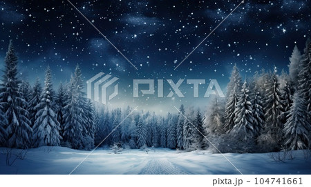 Winter forest with snow, sky and stars at night Winter forest with snow, sky and stars at night 104741661