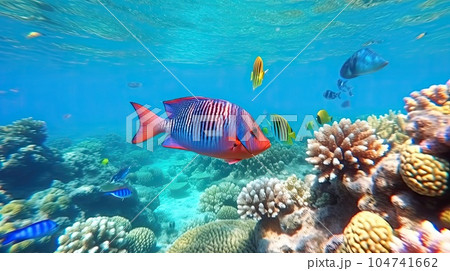 Different fish in the red sea under blue water Different fish in the red sea under blue water 104741662