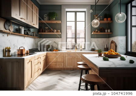 Functional and practical kitchen interior with a sleek white countertop and modern wooden cabinets, creating a stylish and organized space. AI Generative. 104741996