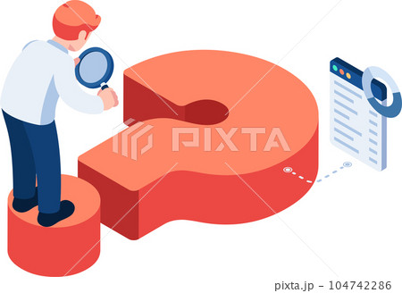 Isometric Businessman use Magnifying Glass Analyze Question Mark 104742286