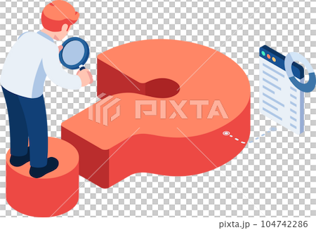 Isometric Businessman use Magnifying Glass Analyze Question Mark 104742286