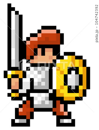 Vector pixel character. Illustration of pixel man with shield and sword isolated on white background Vector pixel character. Illustration of pixel man with shield and sword isolated on white background 104742392