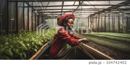 Young Black Woman Nurturing Plants in a Greenhouse. Generative AI 104742402