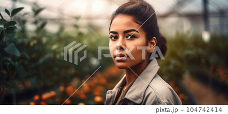 Enchanting Portrait of a Hispanic Gardener in a Lush Greenhouse. Generative AI 104742414