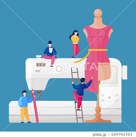 Concept of sewing workshop, sewers working with sewing machine, man at ladder near mannequin Concept of sewing workshop, sewers working with sewing machine, man at ladder near mannequin 104742501