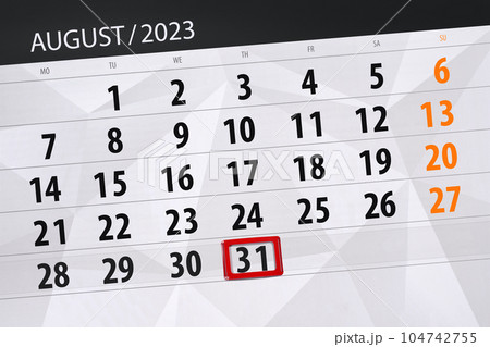 Calendar 2023, deadline, day, month, page, organizer, date, August, thursday, number 31 104742755