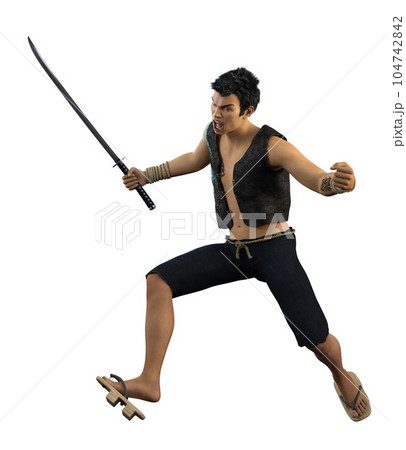 3D Asian man with sword 104742842