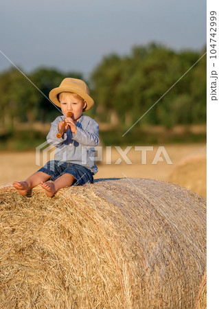 The kid sits on a haystack and cheerfully plays the musical fife. Summer season. Childhood. The kid sits on a haystack and cheerfully plays the musical fife. Summer season. Childhood. 104742999