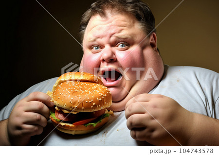 An extremely fat man with a big burger. An extremely fat man with a big burger. 104743578