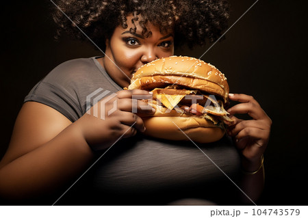 Fat african-american woman with a big burger. Fat african-american woman with a big burger. 104743579