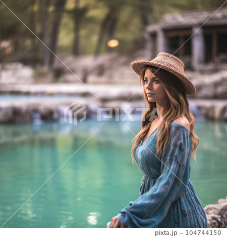 Beautiful young woman with long wavy hair, wearing straw hat and blue dress, standing in front of a turquoise lake. Attractive young woman in a hat on the background of the turquoise sea. 104744150