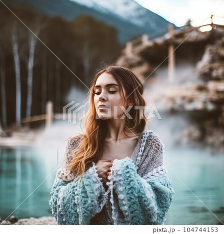 Young beautiful woman stands against azure water of a mountain lake. Lifestyle portrait. Beautiful young woman in a plaid on the background of mountains. Young beautiful woman stands against azure water of a mountain lake. Lifestyle portrait. Beautiful young woman in a plaid on the background of mountains. 104744153