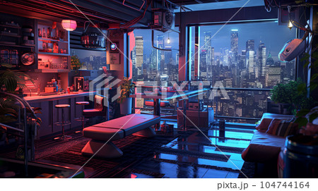 Interior of modern living room with night city view. 3D rendering. Cyberpunk style neon lit apartment at night with skyscrapers outside. Futuristic design of a home with a beautiful night city view. 104744164