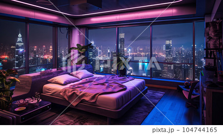 Interior of modern living room with night city view. 3D rendering. Cyberpunk style neon lit apartment at night with skyscrapers outside. Futuristic design of a home with a beautiful night city view. 104744165