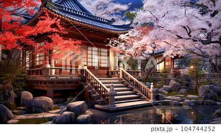 Japanese style wooden house with a beautiful green garden and cherry blossoms. Blooming Sakura tree with an exterior of an old traditional Asian building. Japanese style wooden house with a beautiful green garden and cherry blossoms. Blooming Sakura tree with an exterior of an old traditional Asian building. 104744252