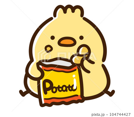 スナック菓子を食べるかわいいひよこのキャラクターの手書きイラスト 104744427
