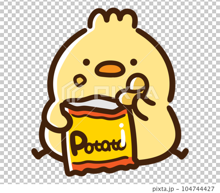 一個可愛的小雞角色吃零食的手繪插圖 104744427
