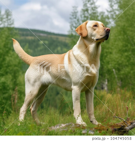 Labrador Retriever standing on the green meadowのイラスト素材