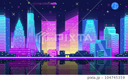 Night time cityscape neon pixel background with hight buildings. Pixelated night city for game 104745359
