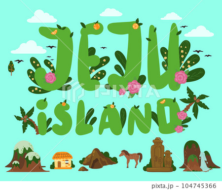 Banner with image of the main attractions of the south korean island Jeju and the inscription Banner with image of the main attractions of the south korean island Jeju and the inscription 104745366