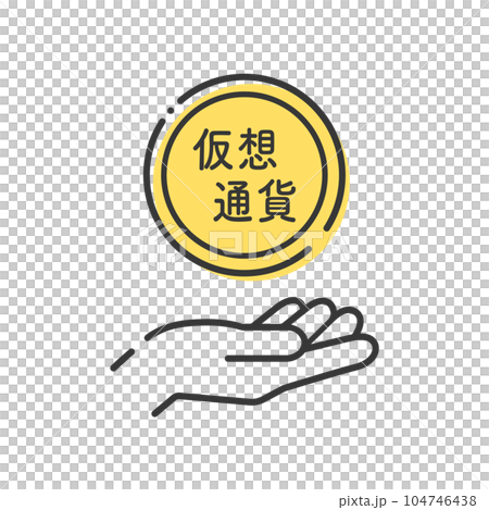 A simple illustration of a person's hand holding a virtual currency character and a coin - image material for cryptocurrency tokens 104746438