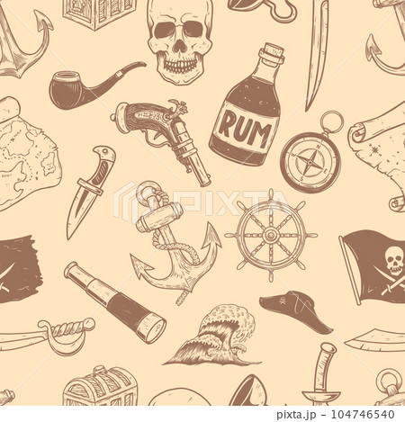 Seamless pattern with pirate design elements. Design element for poster, card, banner, clothes decoration. Vector illustration Seamless pattern with pirate design elements. Design element for poster, card, banner, clothes decoration. Vector illustration 104746540