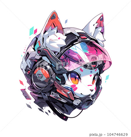 Anime cat in a motorcycle helmet. Futuristic cat print for your design. Vector illustration EPS10 104746629